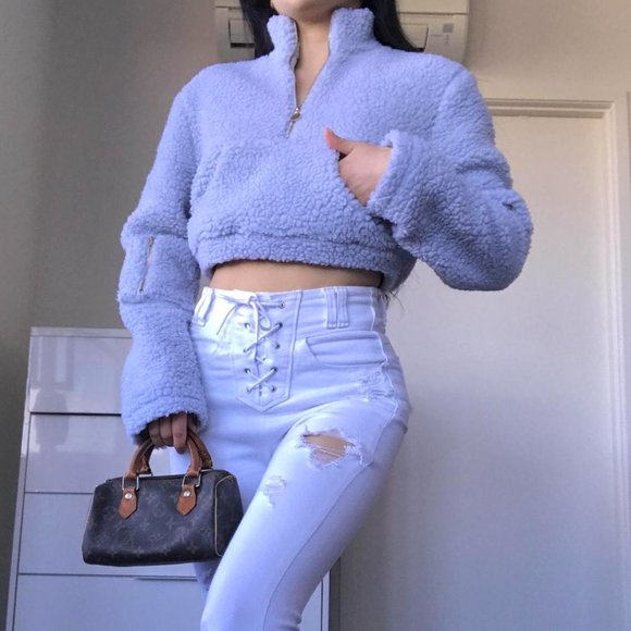 Meshki grey blue Borg zip crop top - size 8 (small) - Picture 3 of 4